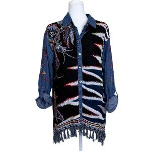 John Mark Embroidered Chambray Top Button-Up Fringe Hem Roll-Tab Sleeve Size M